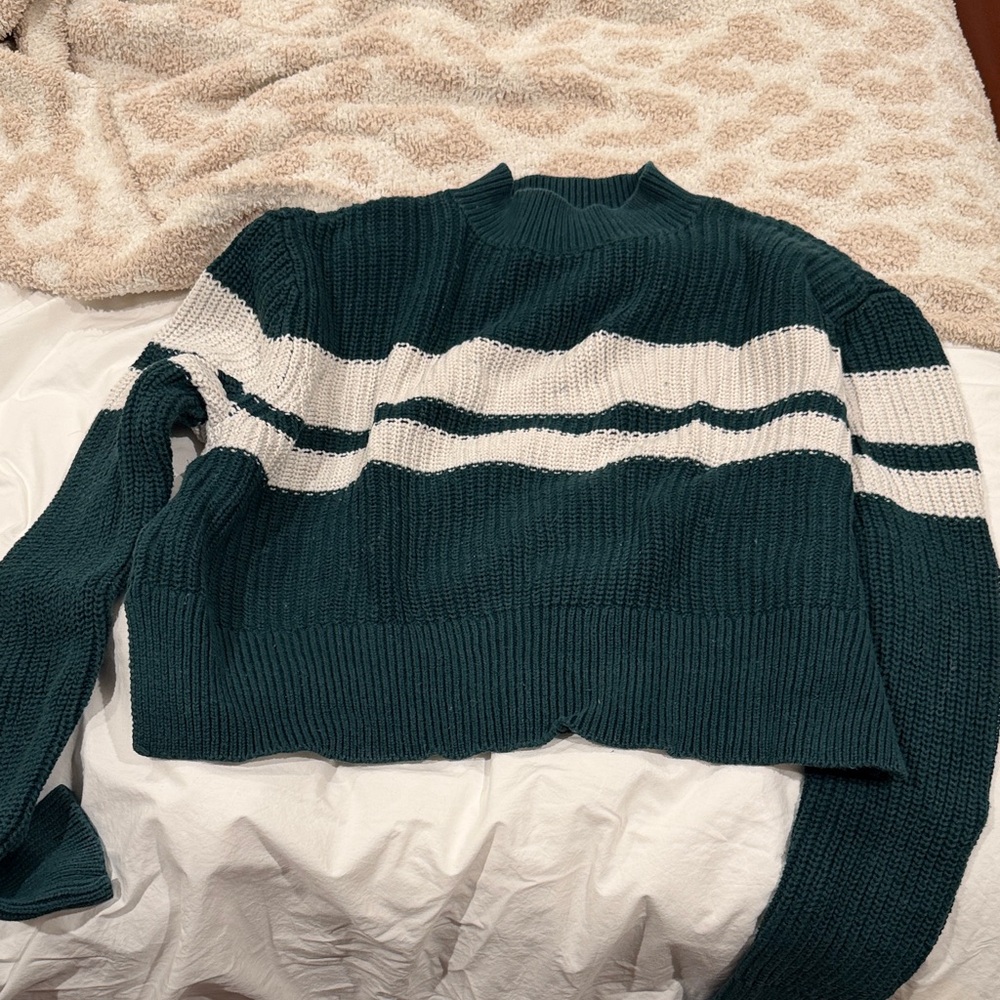 Mock neck green and White Striped Women's Sweater